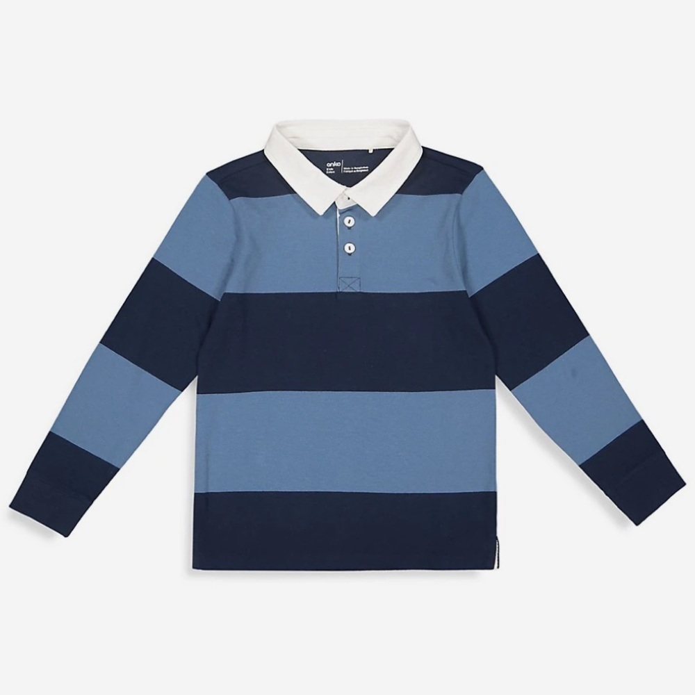 Kids Long Sleeve Striped Polo Shirt - Blue